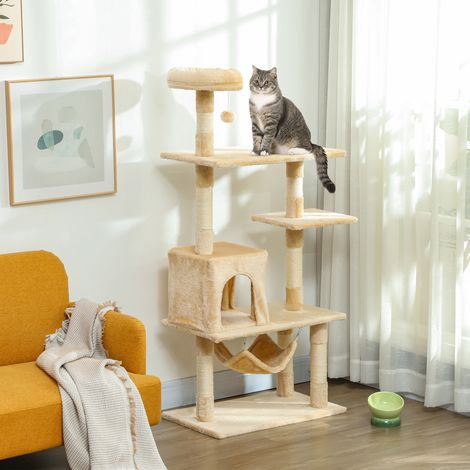 70x40x152 cm - Grand arbre à gratter pour chats Tour pour chats doté de plusieurs plateformes Hamac de grotte Poteaux beiges (1/4)