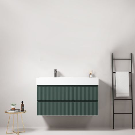 Mobile bagno sospeso cannettato 100 cm Verde Comodoro Lavabo a Sinistra in Resina Senza Specchio - Fiji Paint