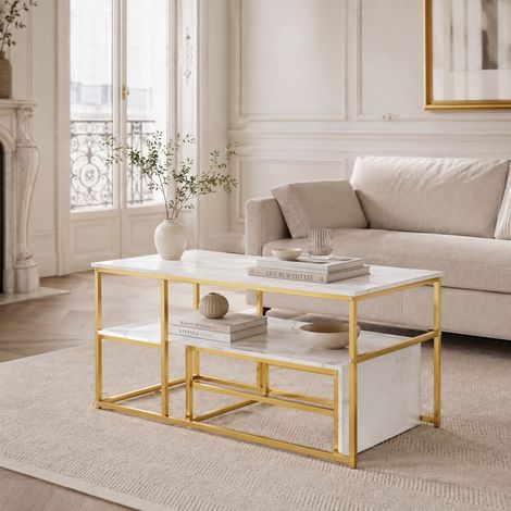 Satztisch-Set 105x52x48,5 cm, Couchtisch und Beistelltisch mit Marmoroptik, goldenem Metallgestell und Ablagefläche, Gold (1/5)