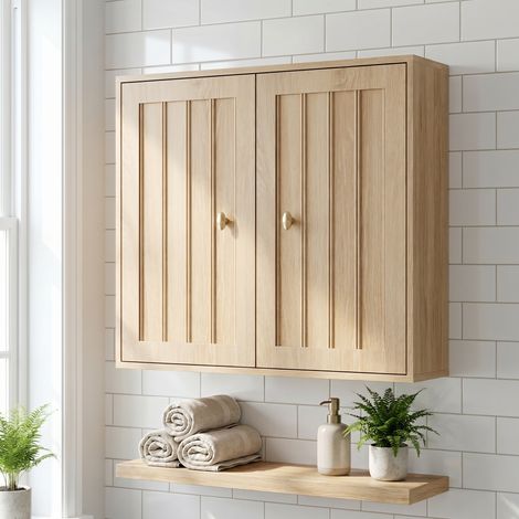 URBAN MEUBLE Armoire à Pharmacie Suspendue, Placard de Salle de Bain 2 Portes au Design Cannelé, Effet Chêne