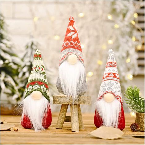 Lot de 3 décorations de Noël en peluche, lutins de Noël scandinaves faits main, gnomes de Noël à poser sur une étagère ou une table.