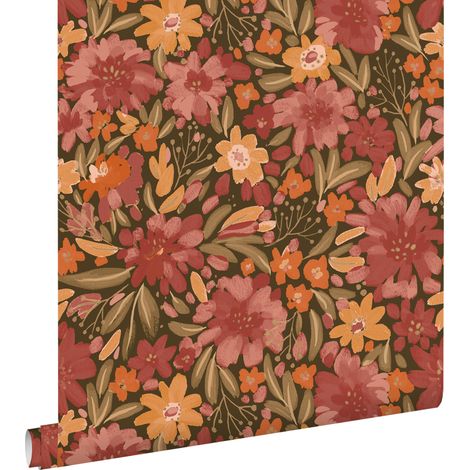 papier peint fleurs vert, rouge et orange  - ESTAhome (1/5)
