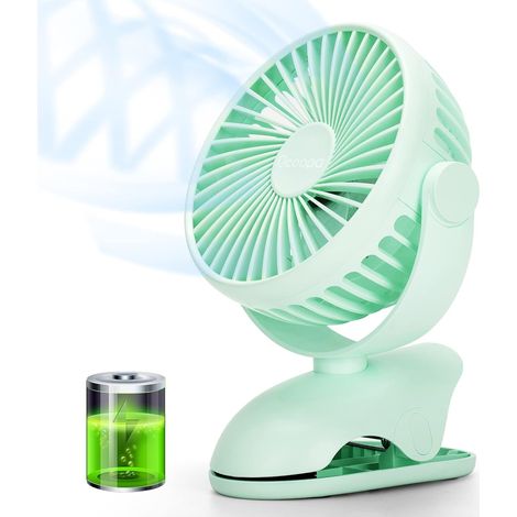 Ventilateur de bureau à pince, alimenté par une batterie portable rechargeable de 4000 mAh et rotatif à 360° (1/3)