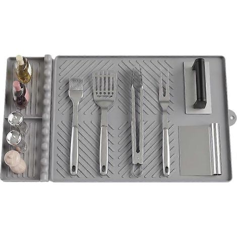 Tapis de protection latéral silicone pour barbecue, tapis cuisson avec bac récupérateur graisse, accessoire plan travail extérieur gris (1/5)