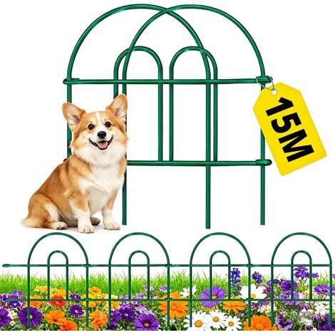 Metal Garden Fence 46 cm (H) x 43 cm (W) (35 Panels, Total Length 15.3 m) Hollow Animal Barrier Decorative Metal Fence for Dogs, Yards, Terraces, Outdoors, Green (1/5)