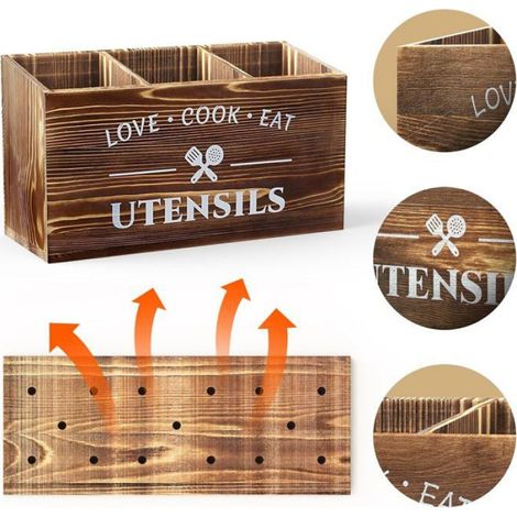 1 Porte-ustensiles Bois, 3 Compartiments, Fond Drainant, Crochets Muraux, Cuisine Salle À Manger (1/5)