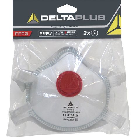 Delta Plus – Masque de protection FFP3 jetable avec soupape – Clip nasal réglable – Lot de 2 masques en fibre synthétique non tissée