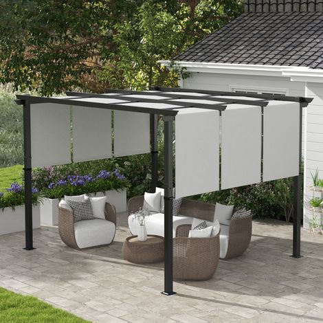 Pérgola con 3 toldos corredizos, 3,5 m x 3 m x 2,35 m, estructura metálica con revestimiento epoxi anticorrosión negro, tejido de poliéster gris.