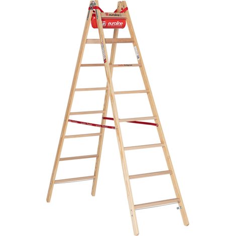 Euroline Holz Sprossenstehleiter mit Comfort-Breitsprossen, Eimerhaken und Werkzeugablagetasche 2x8 Sprossen