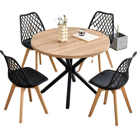 Juego de comedor, 4 sillas, mesa redonda, color negro. (1/2)