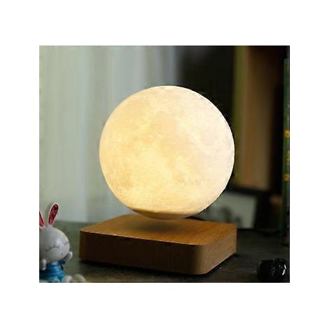 Lampe lune en lévitation flottant et tournant librement dans l'air, avec un luxueux socle en bois et une LED imprimée en 3D