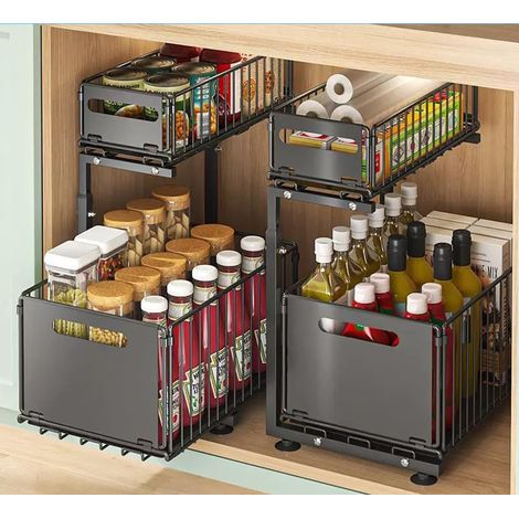 Rangement Sous Evier en Acier au Carbone, Rangement Cuisine à Deux Niveaux Extensible, Organisateur Placard pour Salle de Bain & cuisine, Hauteur réglable, Noir (1 pack)
