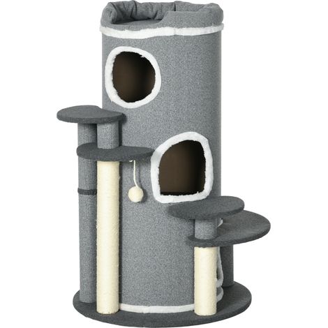 Katzen Kratztonne 99 cm  Spieltonne mit Katzenbett, Spielball & Plattformen, Katzenmöbel, Grau