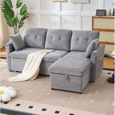 Canapé d'angle convertible 206x130x85 cm avec coffre, réversible, chenille, pour salon et invités - gris (1/5)