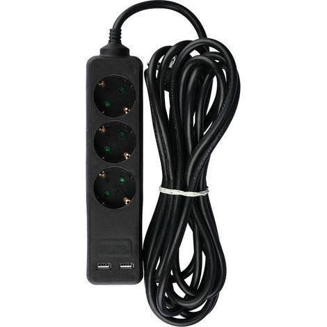V-TAC Multipresa con Cavo 5m 3 Prese 10A 2P + Schuko 2 USB e Spina Schuko Colore Nero