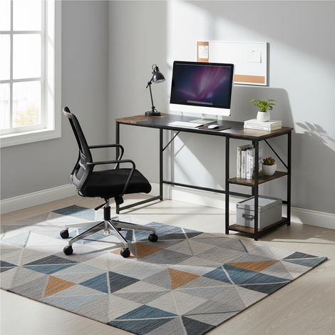 Grand Bureau 120cm Bois/Métal, 2 Etagères de Rangement Intégrées-Réglage en Hauteur, Plateau Design Patchwork en Rétro Marron et Noir, Idéal Télétravail, Chambre, Salon (1/5)