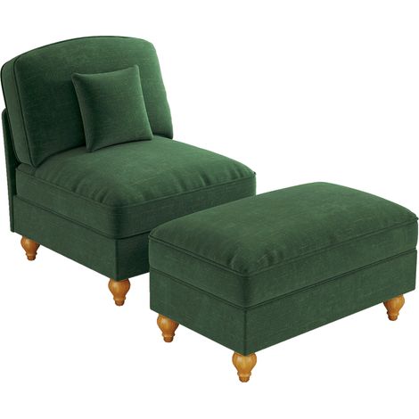 Poltrona lounge in ciniglia verde con pouf, gonna rimovibile e gambe tornite MODENUIT (1/5)