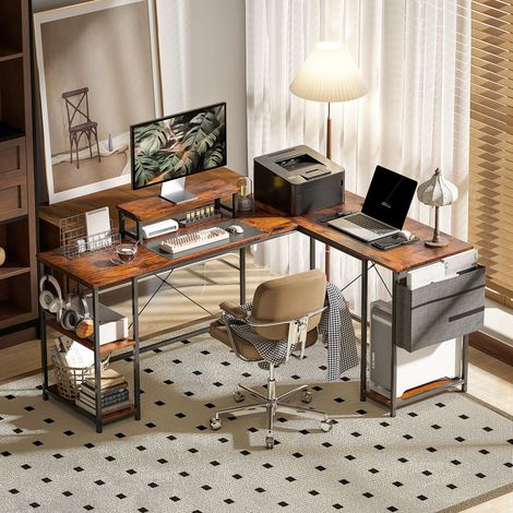 DESMIU Bureau d'angle réversible avec étagères, support écran et rangement, pour bureau, marron, 168 × 120 cm (1/4)