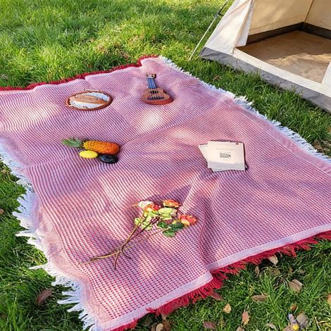 Couverture de pique-nique douce pour l'extérieur, tapis d'herbe, parc, voiture, voyage, plage, extérieur, vacances, accessoires essentiels pour le camping, le bateau, les croisières, rouge9090cm (1/5)