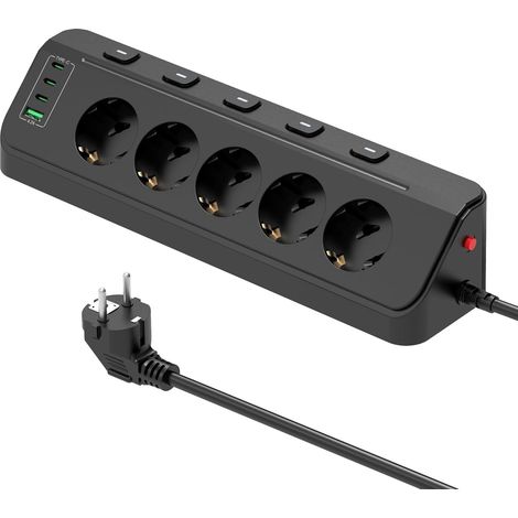 Multiprise d'angle avec USB,Multiprise Electrique Parasurtenseurs 5 Prises, Prise d'angle avec Interrupteurs,Protection contre les surtensions,Bloc Multiprises pour la maison et bureau,Câble 2M,Noir (1/5)