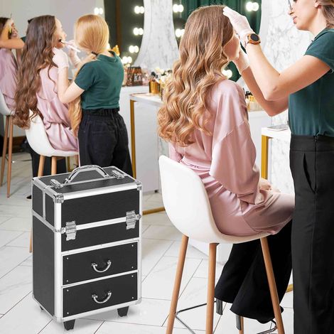 Valise trolley maquillage mallette cosmétique vanity poignée télescopique réglable 36L x 23l x 58H centimètres alu ABS noir