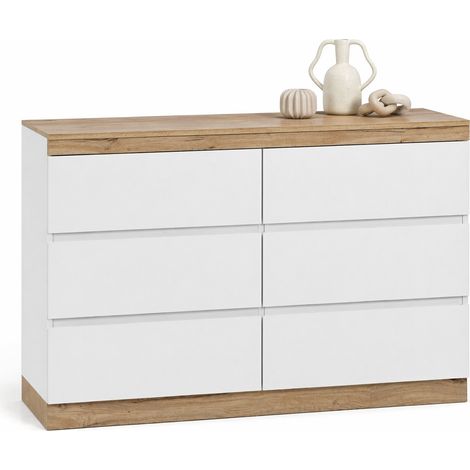 Commode à 6 tiroirs avec grand espace de rangement, style classique blanc et bois clair, meuble de chambre et salon, en panneau de particules E1 CHICFURN (1/5)