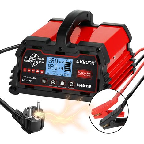 Cargador de batería inteligente para automóvil de 20 A, 12 V/24 V, 10 A, cargador de automóvil con pantalla LCD, mantenedor de batería para AGM, motocicleta, cortadora de césped (1/5)