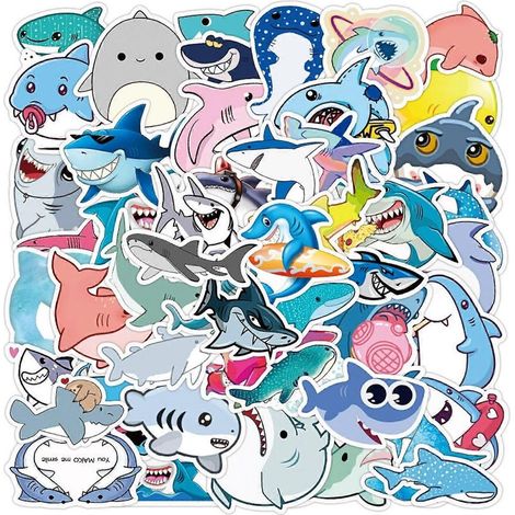Autocollants requins (50 pièces) - Adorables autocollants animaux de dessin animé pour ados, adultes et enfants. Autocollants en vinyle imperméables pour ordinateur portable, gourde, skateboard, vélo (1/5)