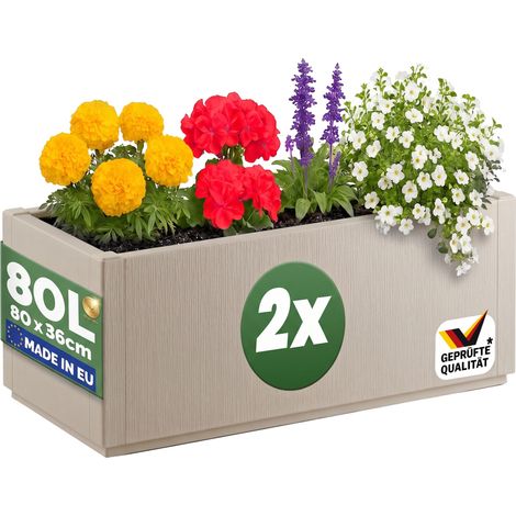 CASARIA® Jardinière Ethica 80x36x36cm 80L résistante aux intempéries fond d'écoulement Bac à fleurs Pot de fleurs Jardin 2x Blanc craie