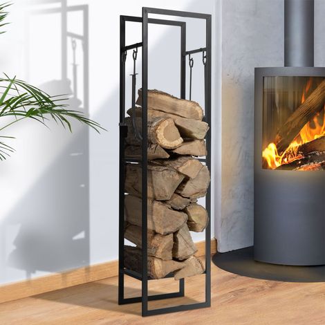 Leñero vertical de acero negro con estante y accesorios H. 170 cm para chimeneas