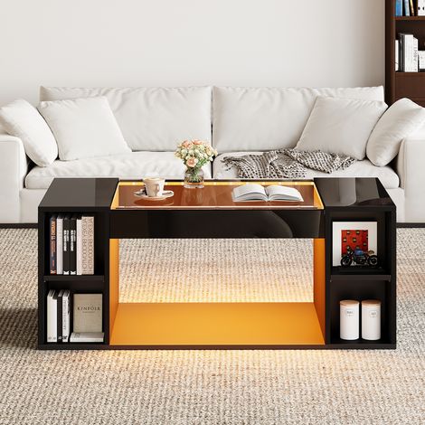 Table basse moderne 100x50x40cm avec plateau en verre trempé,table d'appoint LED noir en MDF,design creux idéal pour Noël. (1/5)