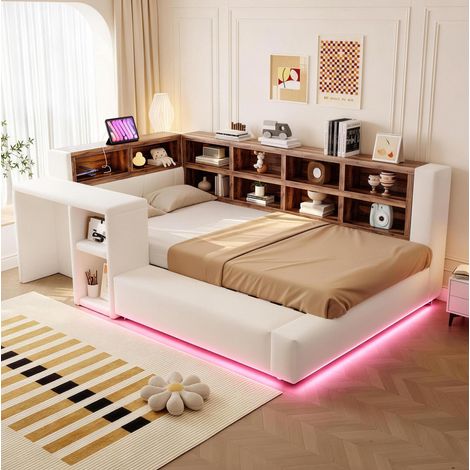 Letto imbottito 90x200 cm beige in velluto con ripiani, LED, prese integrate e tavolino laterale (1/5)