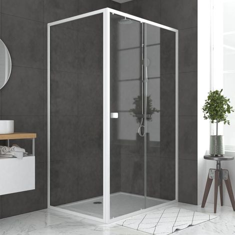 Porta doccia scorrevole bianca 120x185cm + Parete Laterale Fissa 90 vetro trasparente 5mm + Piatto