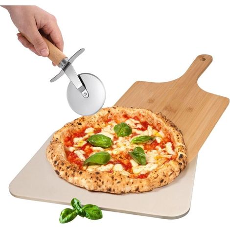 Set pietra refrattaria per pizza da 30x38 cm con pala in legno e rondella tagliapizza - Kit per pane e pizze fatte in casa - Adatto per forno e grill (1/5)
