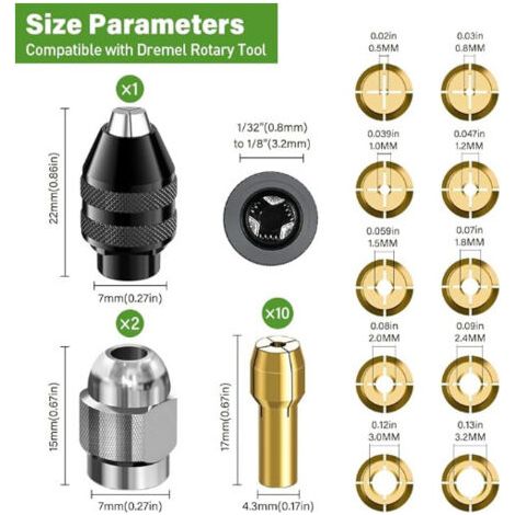 Lot de 13 Mandrins de Perçage, Mandrin 4486, Pinces de Serrage 4485, Têtes de Serrage en Laiton à Changement Rapide pour Dremel 4000, Trio et Plus, (1/4)