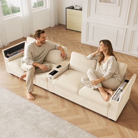 Modernes 4-Sitzer Cord Sofa, Wohnzimmer Sofa mit USB/USB-C Ladefunktion, klappbarer Mittelarmlehne, verstecktem Stauraum, bequemes Sofa für Büro und Zuhause,Beige.