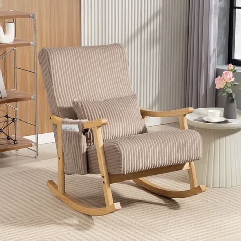 Silla Mecedora de Pana con Cojín Lumbar Patas y Reposabrazos de Madera de Caucho Bolsillo Estilo Moderno Marrón Claro (1/5)