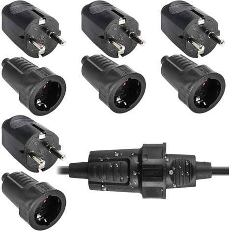 pares de enchufes y tomas Schuko: enchufe de contacto de seguridad IP54 de 250 V y 16 A, juego de enchufe y toma de goma de 2 polos con alivio de tensión, enchufe Schuko impermeable apto para uso en e