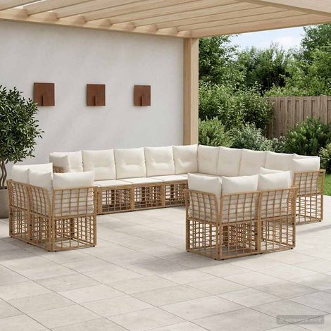 Salon de jardin modulable 13 places, canapé d’angle en poly rotin, blanc naturel et crème - PANGIVO (1/5)