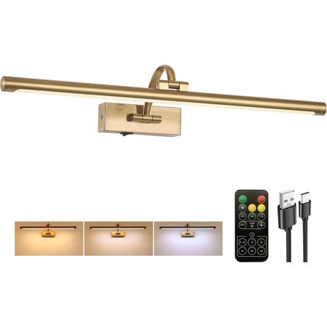Applique murale à piles avec télécommande, 3CCT à intensité variable pour peintures, laiton rechargeable, 61 cm, applique murale à piles pour éclairage d'art, galerie, portrait, œuvres