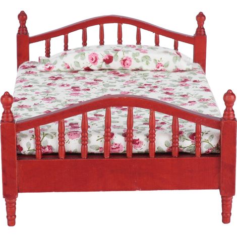 Lit miniature en bois pour poupée 1:12, meuble de décoration chambre, jouet enfant, couleur acajou (1/5)