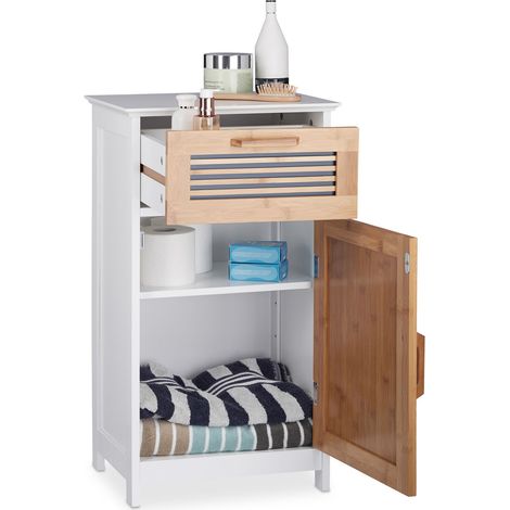 Relaxdays Badschrank schmal, Schublade, natürliche Optik, höhenverstellbarer Einlegeboden, MDF, HBT: 70x40x28,5cm, weiß