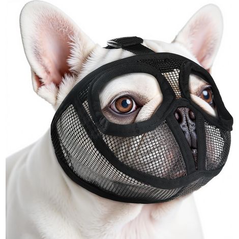 Maulkorb für Französische Bulldoggen mit perforierten Augenlöchern, atmungsaktiver Maulkorb für kurzes Maul, geeignet für Englische Bulldoggen, Möpse und Shih Tzus zur Verhinderung von Bissen (L, Schw