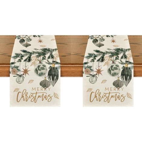 Camino de mesa con estampado de bolas y hojas navideñas, decoración para el hogar y eventos, 33 x 183 cm, decoración de mesa de temporada (2 piezas) (1/4)