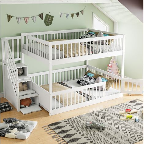 MEUBLIV Lit superposé 140x200 cm blanc – escalier de rangement, sans matelas (1/5)