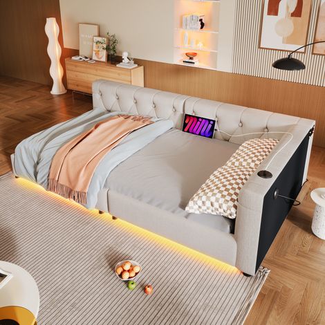 Schlafsofa Leinen Beige 90x200 cm, mit Lattenrost, LED-Beleuchtung, USB- und Type-C-Anschluss