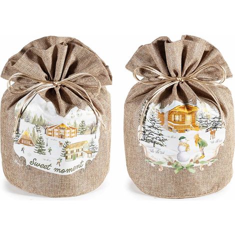 Sacchetti portapanettone effetto juta con tirante e stampa villaggio natalizio innevato, set da 4 pezzi, Ø23cmx30H (al tirante23)
