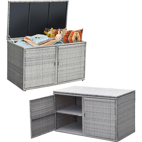 Coffre de Rangement à 2 Niveaux en Rotin PE, Grande Boîte avec 2 Portes & Couvercle, Armoire pour Jardin, Balcon, Piscine, Salon, Intérieur Extérieur, 115x60x65 cm (Noir) (1/5)