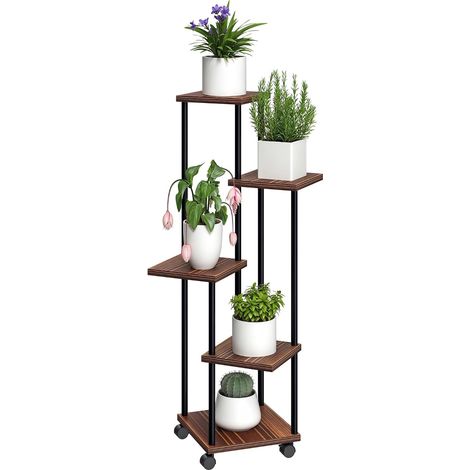 Porte-plantes 5 niveaux en métal et bois H110 cm sur roulettes, étagère à fleurs pour intérieur et balcon (1/5)