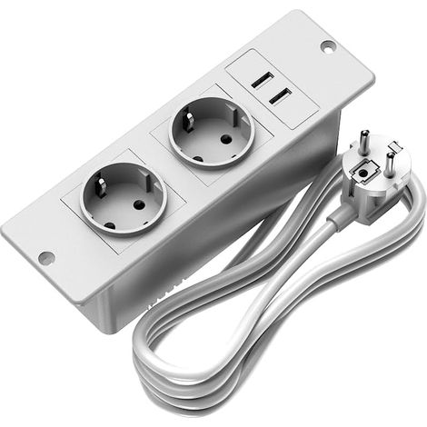 Multiprise encastrée avec USB, 2 Prises avec USB A, Prise encastrée avec câble d'extension de 1,5 m, multiprise encastrée pour Bureau, Maison, Meubles (1/5)